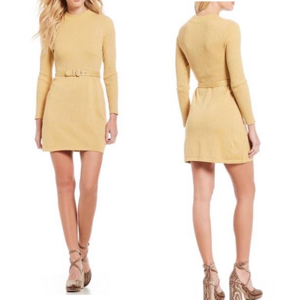 Free People French Girl belted A-line Mini Dress Gold NEW Size Large